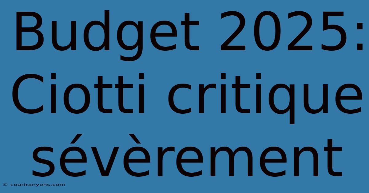 Budget 2025: Ciotti Critique Sévèrement