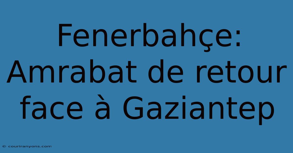 Fenerbahçe: Amrabat De Retour Face À Gaziantep